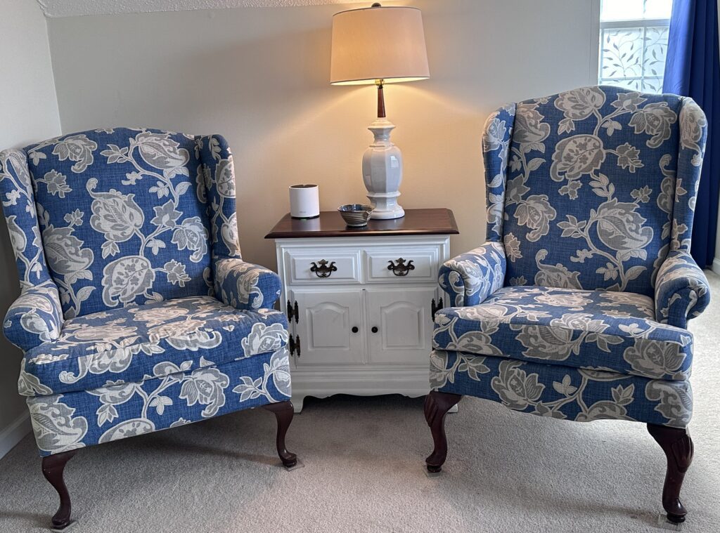 Restore DIY chairs reupholstered with same fabric.